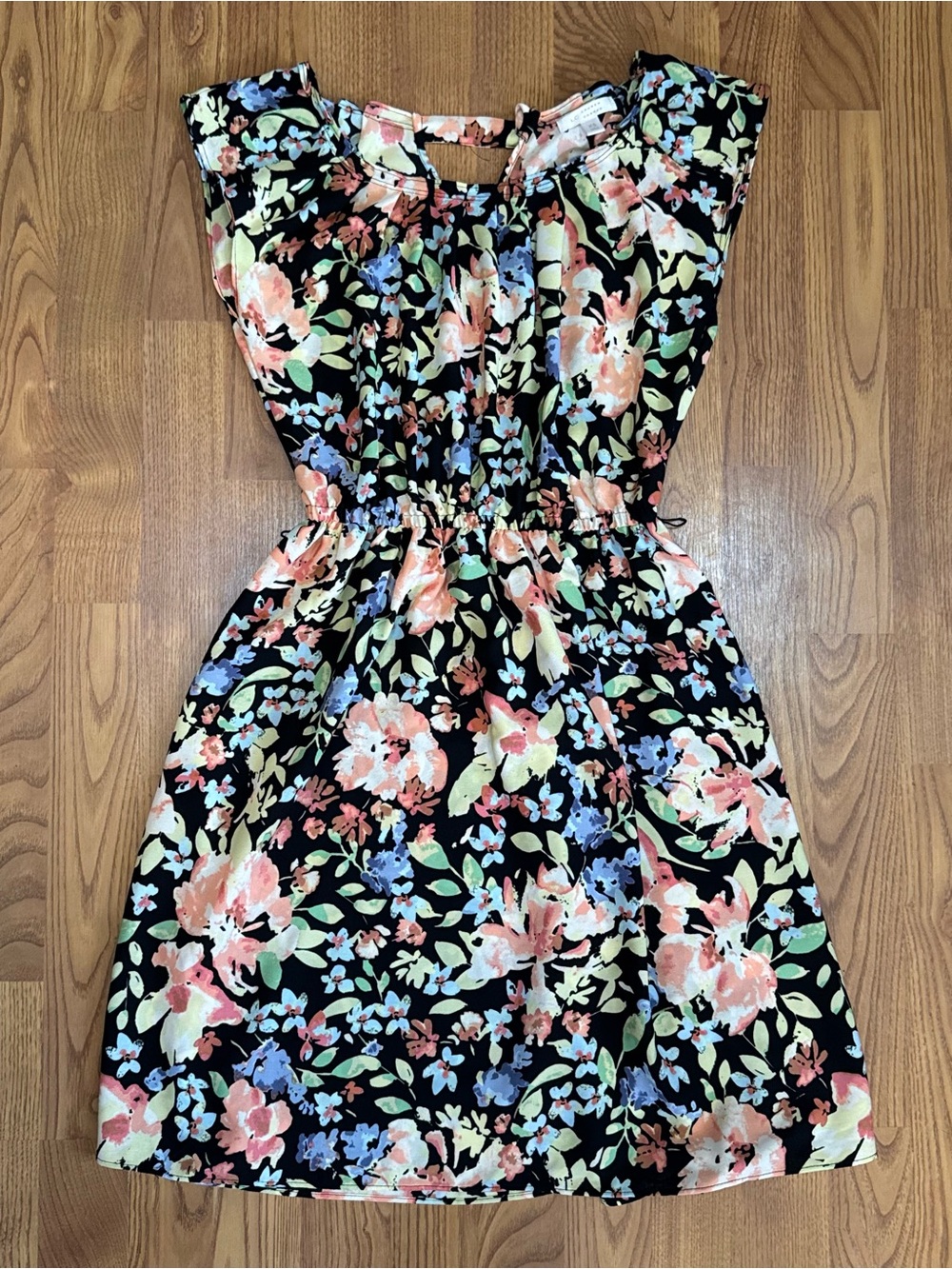 ❤️ Lauren Conrad XS Floral Print Elastic-Waist Midi Dress Black Peach Mint (B18)
